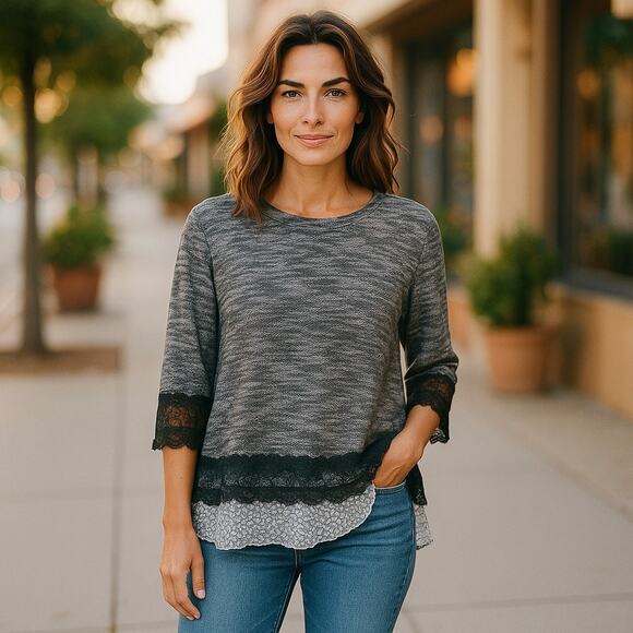 Multiples Womens Tunic Size Large Textured Lace Sweater Black‎ Gray White Mixed - Picture 1 of 5